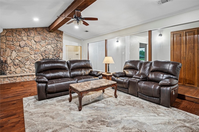 living area with wood-type flooring and ceiling fan
