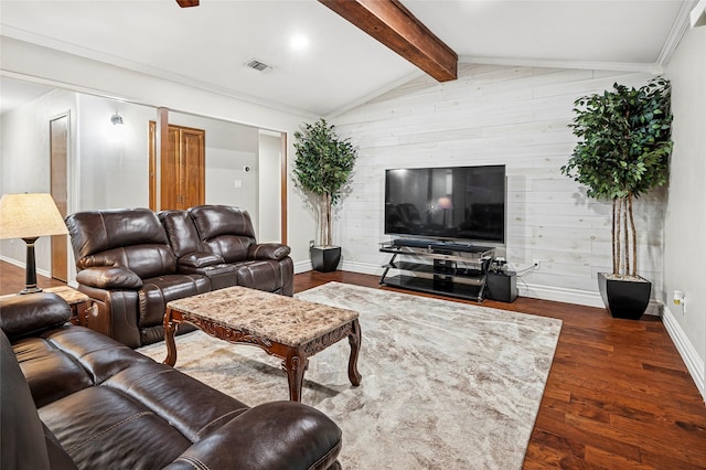 living area with dark wood-style flooring, wood walls, baseboards, and ornamental molding