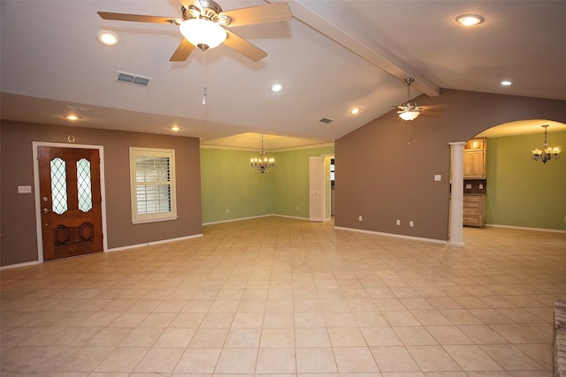1305 Cliff Dr, Graham, TX 76450 - spare room with a ceiling fan, a chandelier, arched walkways, baseboards, and recessed lighting