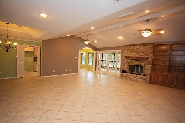 1305 Cliff Dr, Graham, TX 76450 - unfurnished living room with a ceiling fan, baseboards, a fireplace, and recessed lighting