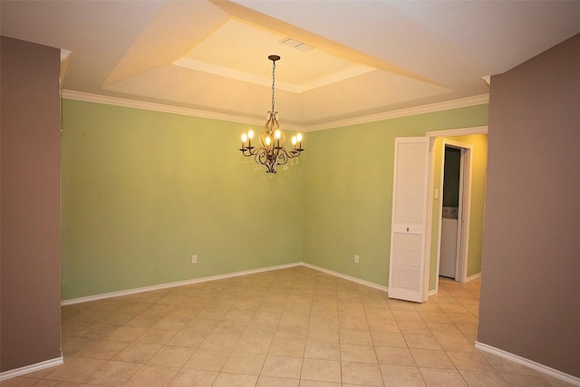1305 Cliff Dr, Graham, TX 76450 - unfurnished room featuring a tray ceiling, a chandelier, baseboards, light tile patterned floors, and crown molding