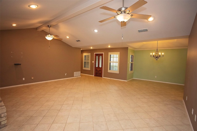 1305 Cliff Dr, Graham, TX 76450 - unfurnished living room with ceiling fan, a chandelier, baseboards, recessed lighting, and ornamental molding