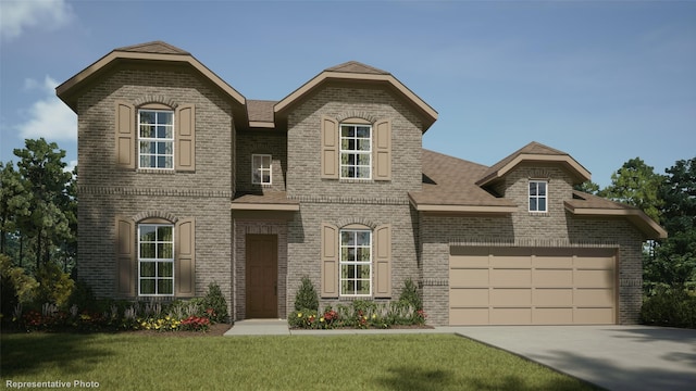 french country inspired facade featuring brick siding, an attached garage, concrete driveway, and a front yard