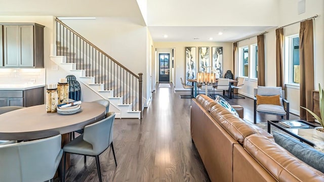 3523 San Clemente Dr, Melissa, TX 75454 - living room featuring stairs, a wealth of natural light, baseboards, and dark wood-style floors