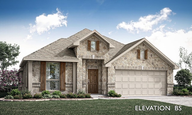 1286 Emily Dr, Trenton, TX 75490 - french provincial home with stone siding, an attached garage, concrete driveway, and a front yard
