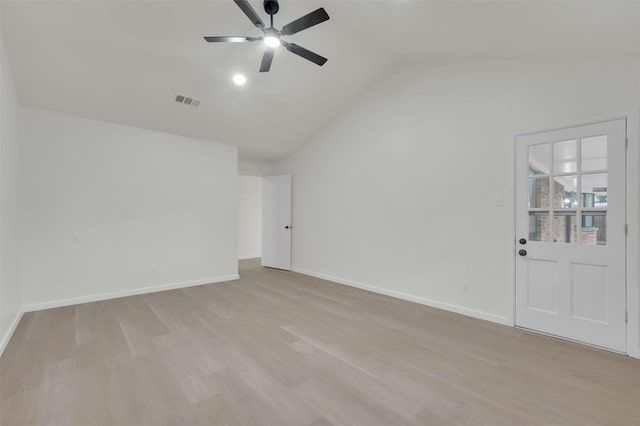 4032 Aragon Dr, Fort Worth, TX 76133 - empty room with ceiling fan, light wood finished floors, vaulted ceiling, and baseboards