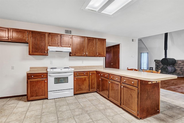 18206 Valley Vw, Forney, TX 75126 - kitchen featuring white range with electric cooktop, under cabinet range hood, a peninsula, a wood stove, and light countertops