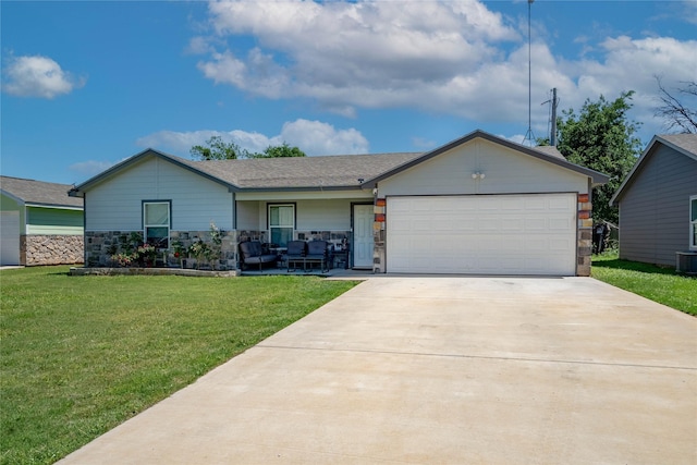 420 Whitney Ct, Rio Vista, TX 76093 - single story home featuring a front lawn, a garage, concrete driveway, central air condition unit, and stone siding