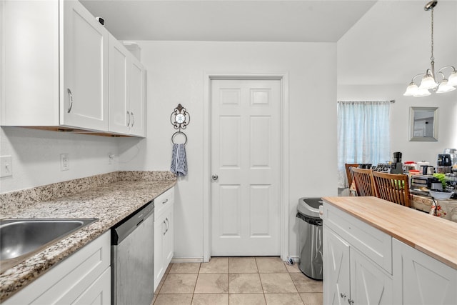 420 Whitney Ct, Rio Vista, TX 76093 - kitchen featuring stainless steel dishwasher, a chandelier, white cabinets, light tile patterned flooring, and hanging light fixtures