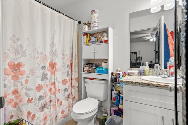420 Whitney Ct, Rio Vista, TX 76093 - full bath featuring toilet, vanity, a ceiling fan, and curtained shower