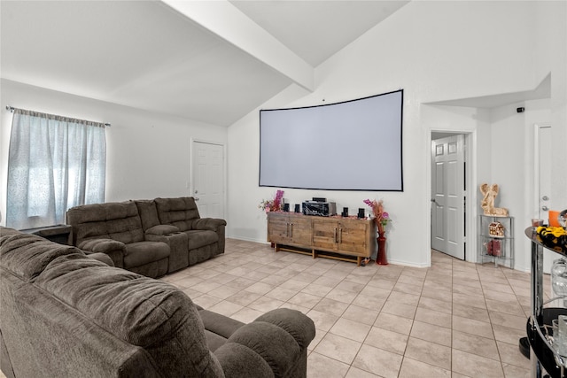 420 Whitney Ct, Rio Vista, TX 76093 - home theater room with light tile patterned floors, high vaulted ceiling, and baseboards