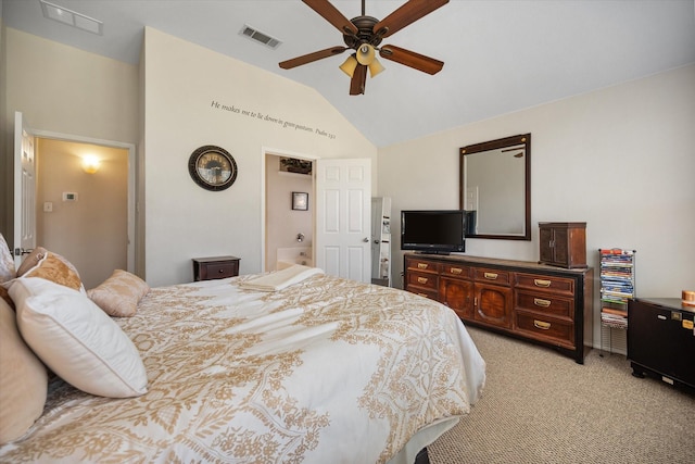 bedroom featuring lofted ceiling, light colored carpet, and ceiling fan
