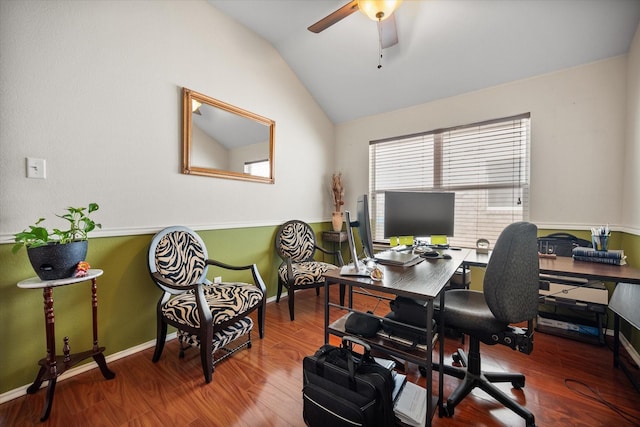 office with lofted ceiling, a ceiling fan, wood finished floors, and baseboards