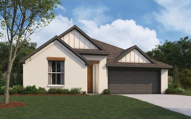 view of front of house featuring board and batten siding, brick siding, driveway, and a garage