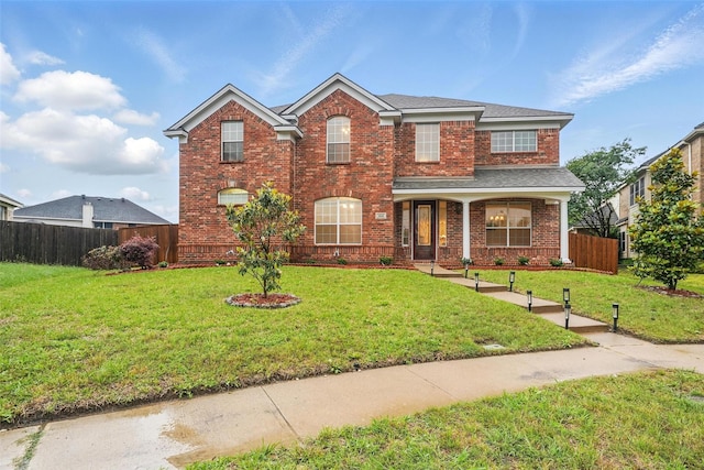 traditional home featuring brick siding and a porch
