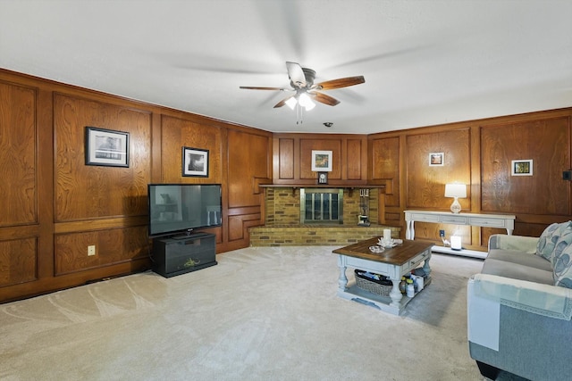 5220 Alpha Dr, The Colony, TX 75056 - living area featuring carpet flooring, ceiling fan, and wood walls