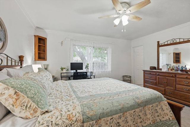 5220 Alpha Dr, The Colony, TX 75056 - carpeted bedroom featuring ornamental molding and ceiling fan