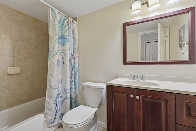 5220 Alpha Dr, The Colony, TX 75056 - bathroom with toilet, vanity, and shower / bathtub combination with curtain