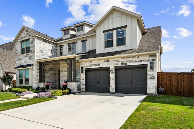 13417 Meadow Cross Dr, Fort Worth, TX 76008 - view of front facade featuring board and batten siding, a garage, stone siding, concrete driveway, and a shingled roof