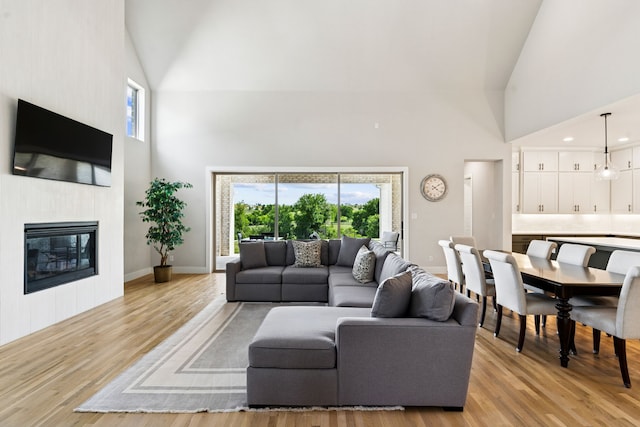 13417 Meadow Cross Dr, Fort Worth, TX 76008 - living room featuring high vaulted ceiling, light wood-style flooring, a glass covered fireplace, healthy amount of natural light, and baseboards