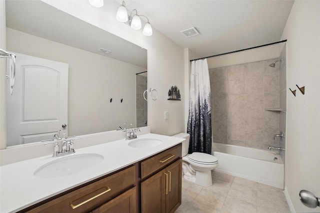 bathroom with tile patterned flooring, toilet, shower / bath combination with curtain, and double vanity