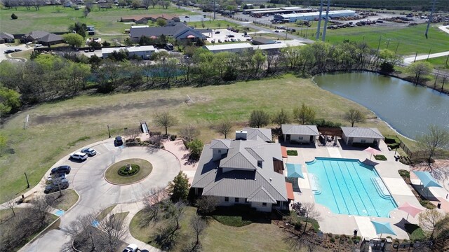aerial view of residential area with a pool area