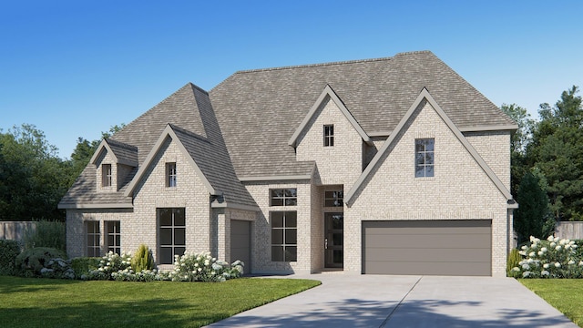 view of front facade featuring driveway, brick siding, roof with shingles, and a front lawn