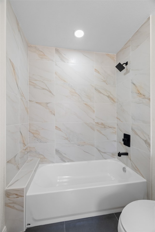 118 Mockingbird Ln, Hillsboro, TX 76645 - bathroom featuring tile patterned floors, shower / washtub combination, toilet, and recessed lighting