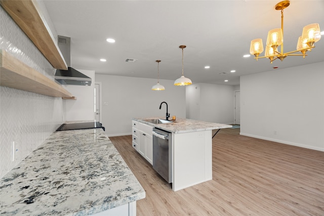 118 Mockingbird Ln, Hillsboro, TX 76645 - kitchen featuring stainless steel dishwasher, a sink, open shelves, recessed lighting, and light wood-style flooring