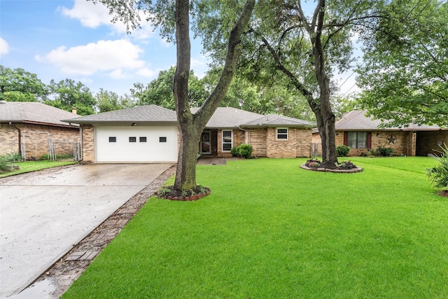 single story home featuring driveway, a garage, brick siding, and a shingled roof