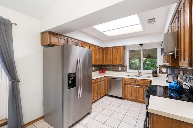 kitchen with stainless steel appliances, a sink, decorative backsplash, and brown cabinetry