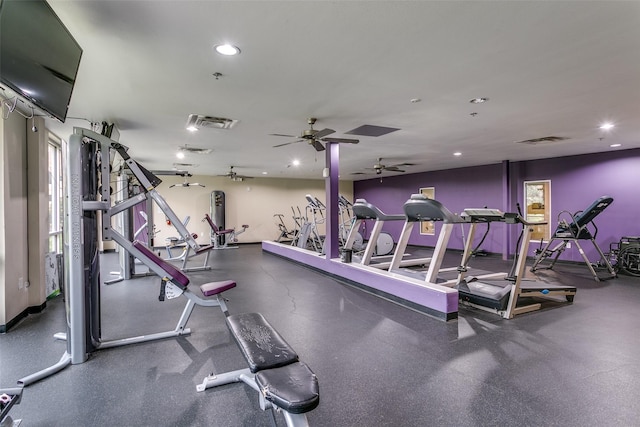 workout area featuring recessed lighting and a ceiling fan