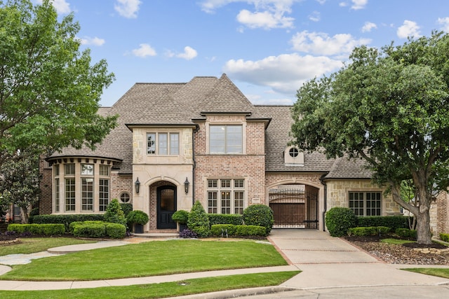 5957 Aberdeen Pl, Frisco, TX 75034 - french provincial home featuring a front lawn, stone siding, a gate, brick siding, and a shingled roof