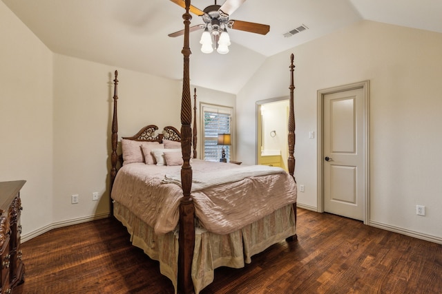 5957 Aberdeen Pl, Frisco, TX 75034 - bedroom with lofted ceiling, dark wood finished floors, connected bathroom, a ceiling fan, and baseboards