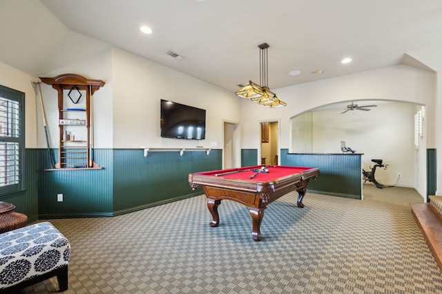 5957 Aberdeen Pl, Frisco, TX 75034 - rec room with wainscoting, carpet flooring, a ceiling fan, billiards, and vaulted ceiling