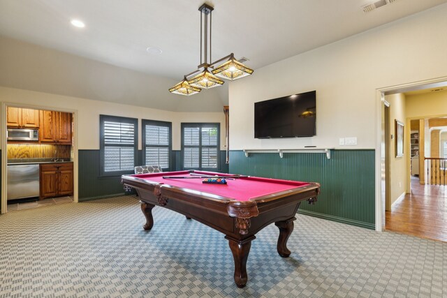 5957 Aberdeen Pl, Frisco, TX 75034 - playroom featuring a wainscoted wall, light carpet, and billiards