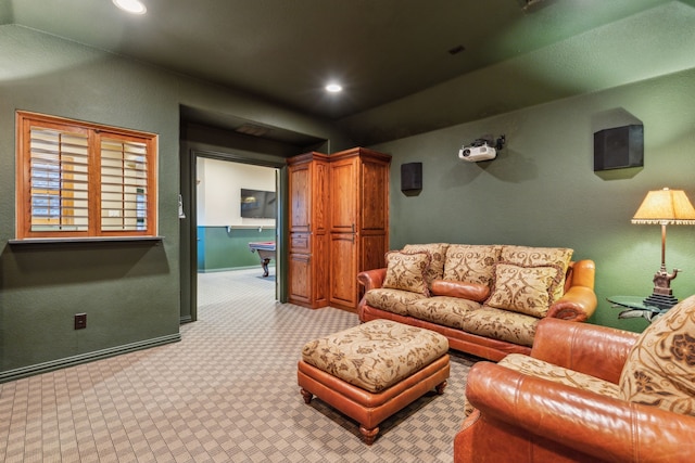 5957 Aberdeen Pl, Frisco, TX 75034 - carpeted living room with recessed lighting, vaulted ceiling, and baseboards