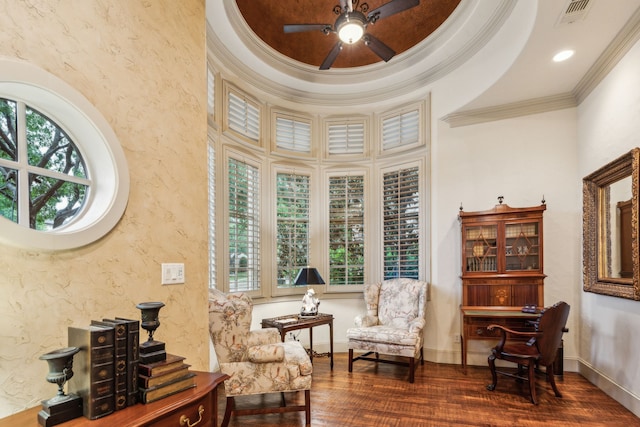 5957 Aberdeen Pl, Frisco, TX 75034 - living area featuring wood finished floors, a ceiling fan, plenty of natural light, crown molding, and baseboards