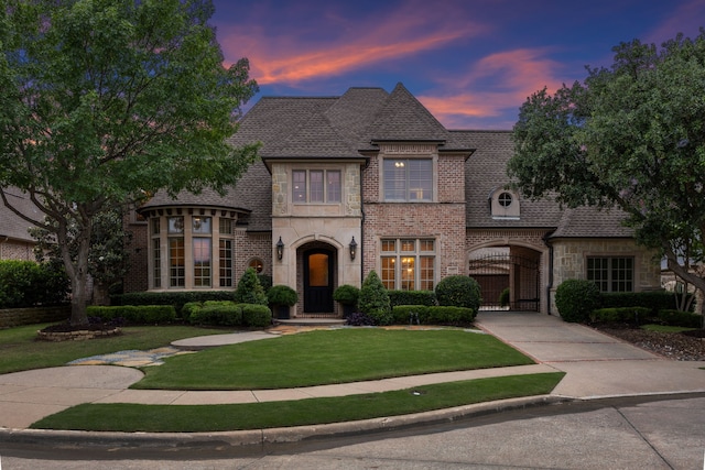 5957 Aberdeen Pl, Frisco, TX 75034 - french country home featuring stone siding, a front lawn, concrete driveway, brick siding, and a gate
