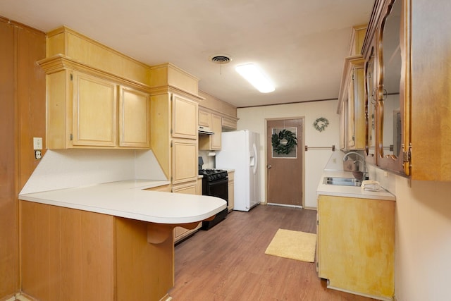 kitchen featuring a sink, light wood-style floors, gas stove, white fridge with ice dispenser, and a peninsula