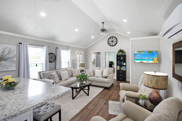 7265 Guadalupe Trl, Weatherford, TX 76087 - living area with an AC wall unit, dark wood-type flooring, a ceiling fan, vaulted ceiling, and recessed lighting
