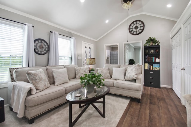 7265 Guadalupe Trl, Weatherford, TX 76087 - living area with wood finished floors, vaulted ceiling, recessed lighting, a ceiling fan, and crown molding