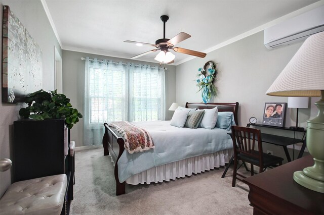 7265 Guadalupe Trl, Weatherford, TX 76087 - bedroom featuring an AC wall unit, crown molding, carpet, and a ceiling fan