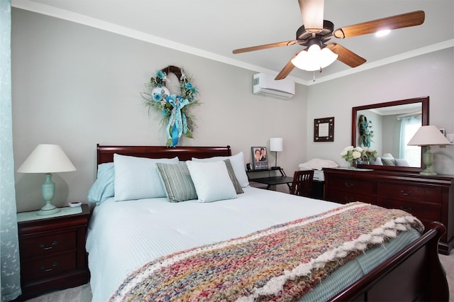 7265 Guadalupe Trl, Weatherford, TX 76087 - bedroom featuring an AC wall unit, ornamental molding, and a ceiling fan
