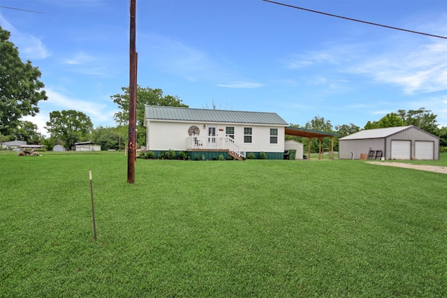 7265 Guadalupe Trl, Weatherford, TX 76087 - manufactured / mobile home featuring a detached garage, a front lawn, an outdoor structure, metal roof, and stairs