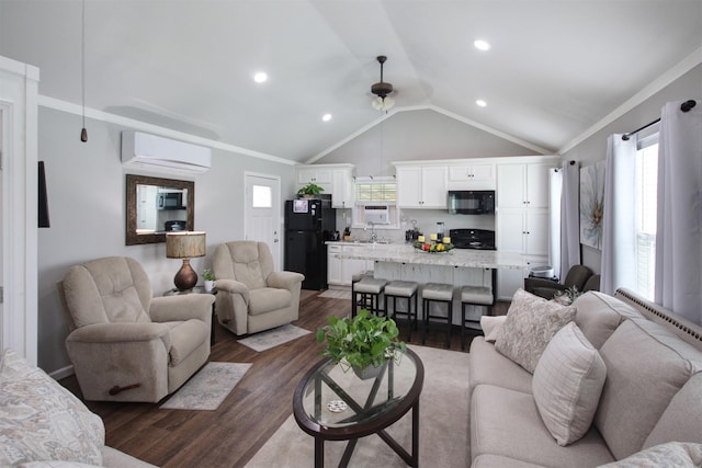 7265 Guadalupe Trl, Weatherford, TX 76087 - living area with an AC wall unit, vaulted ceiling, ceiling fan, dark wood finished floors, and ornamental molding