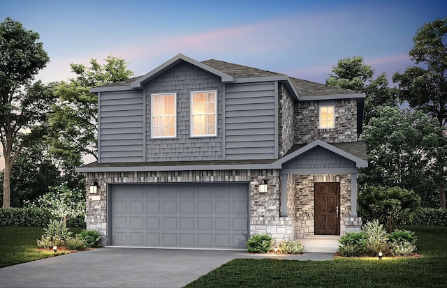view of front of home featuring stone siding, a garage, driveway, and roof with shingles