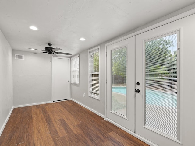 doorway to outside featuring dark wood finished floors, baseboards, french doors, recessed lighting, and a ceiling fan