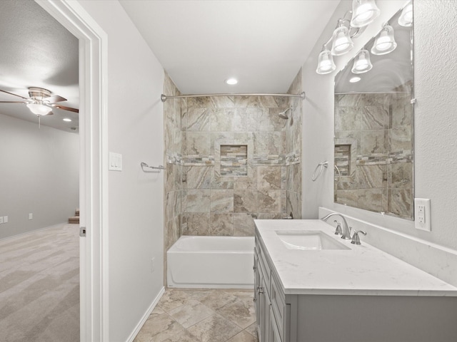 bathroom featuring ceiling fan, shower / tub combination, vanity, recessed lighting, and baseboards
