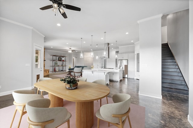 2730 Bryson Rd, Mansfield, TX 76063 - dining space with a ceiling fan, recessed lighting, baseboards, finished concrete floors, and ornamental molding